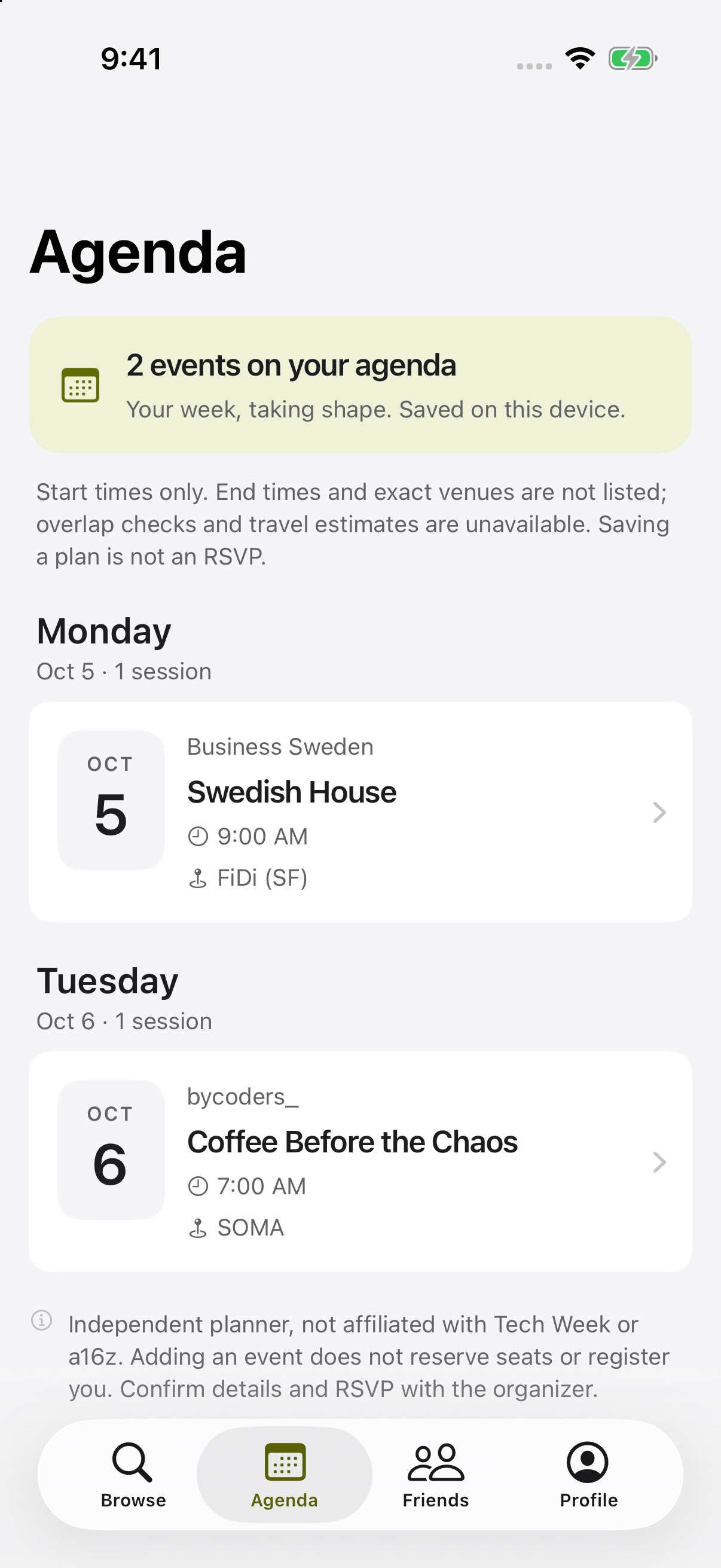 Saved agenda events with clear date tiles, start times, hosts, and locations.