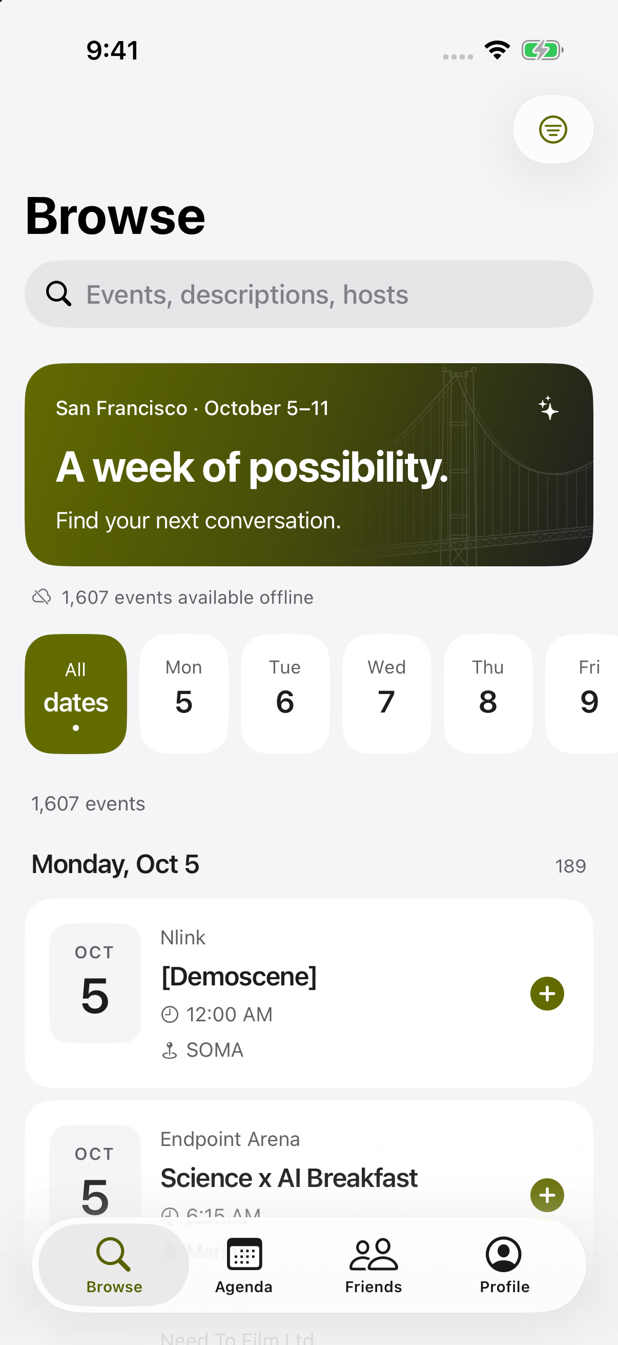 All dates in Browse, with a month and day tile beside each event.