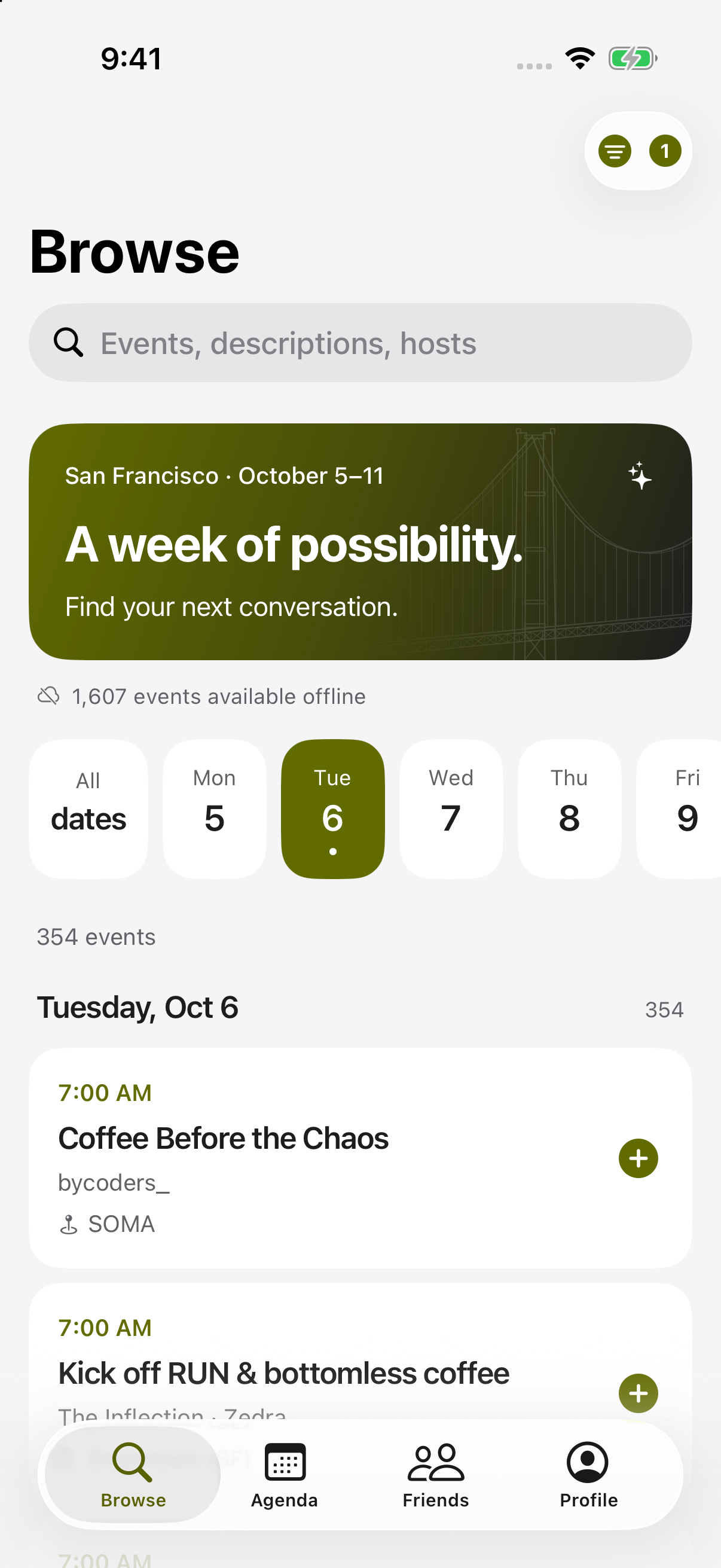 TechWeekSF Together on iPhone: browse offline events, choose a day, and save events to your agenda.